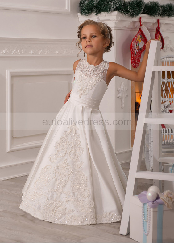 Ivory Lace Satin Beaded Flower Girl Dress Formal Kids Dress